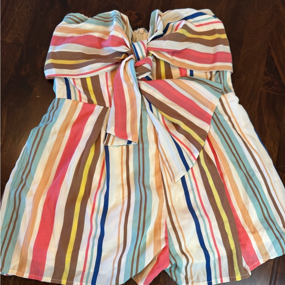 VICI Collection Striped Strapless Bow Front Romper
